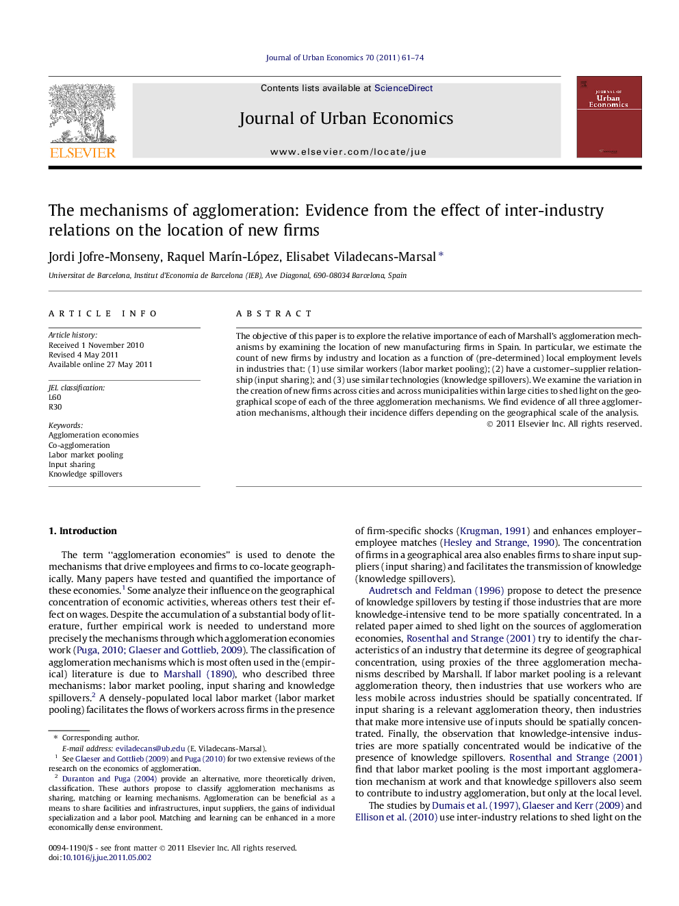 The mechanisms of agglomeration: Evidence from the effect of inter-industry relations on the location of new firms