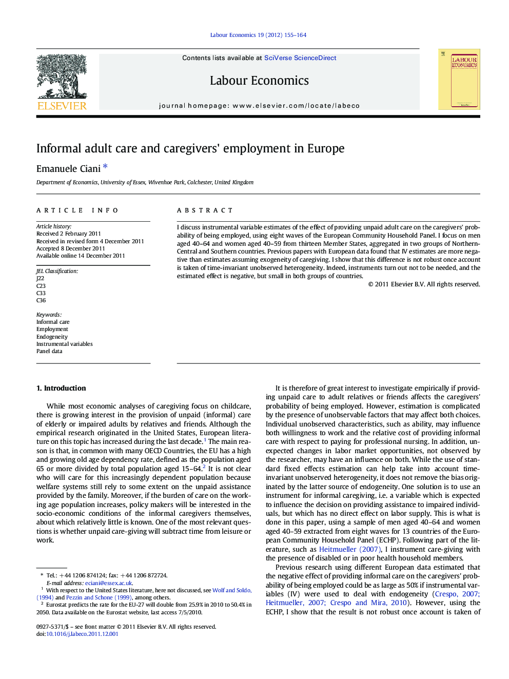 Informal adult care and caregivers' employment in Europe