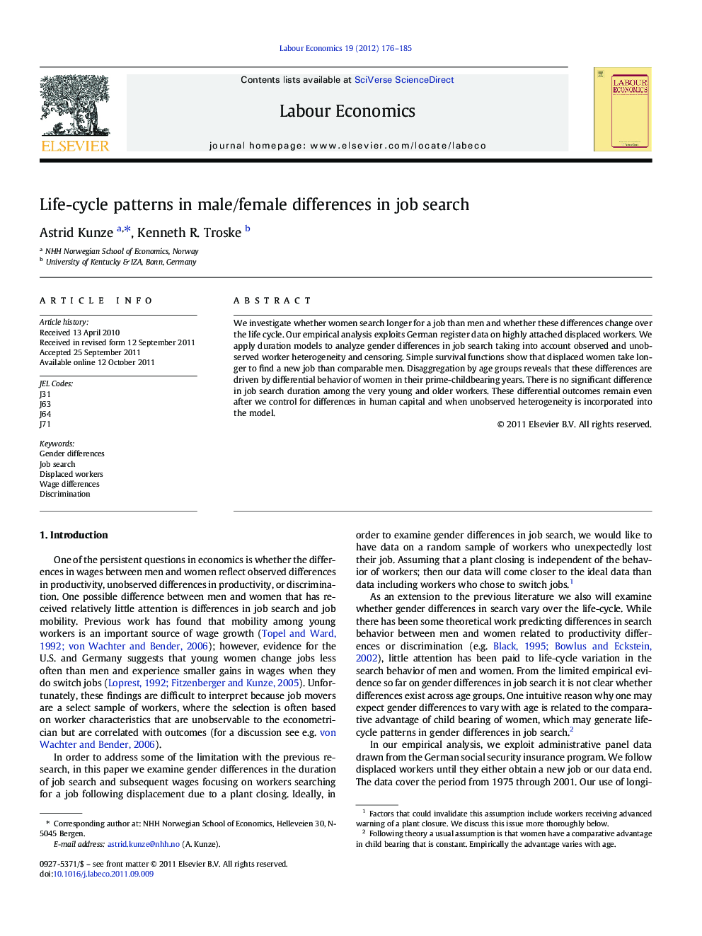 Life-cycle patterns in male/female differences in job search