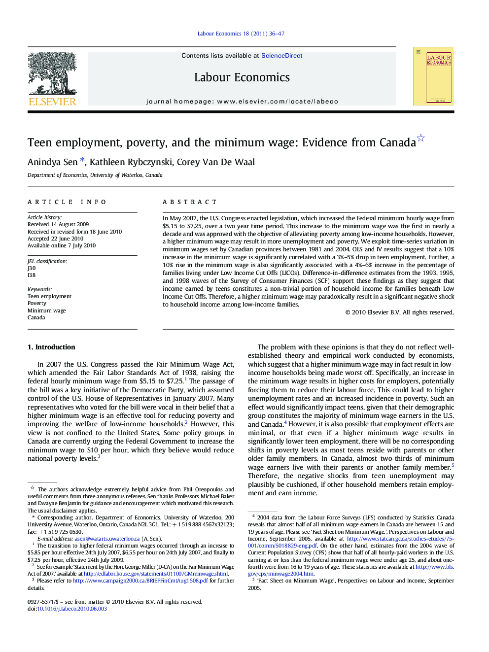 Teen employment, poverty, and the minimum wage: Evidence from Canada 