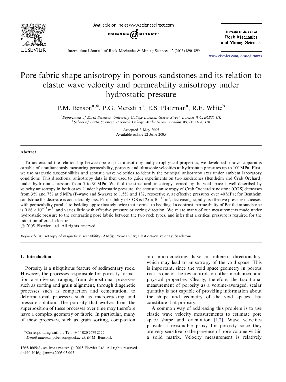 Pore fabric shape anisotropy in porous sandstones and its relation to elastic wave velocity and permeability anisotropy under hydrostatic pressure