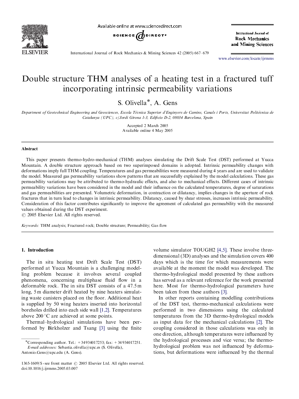 Double structure THM analyses of a heating test in a fractured tuff incorporating intrinsic permeability variations