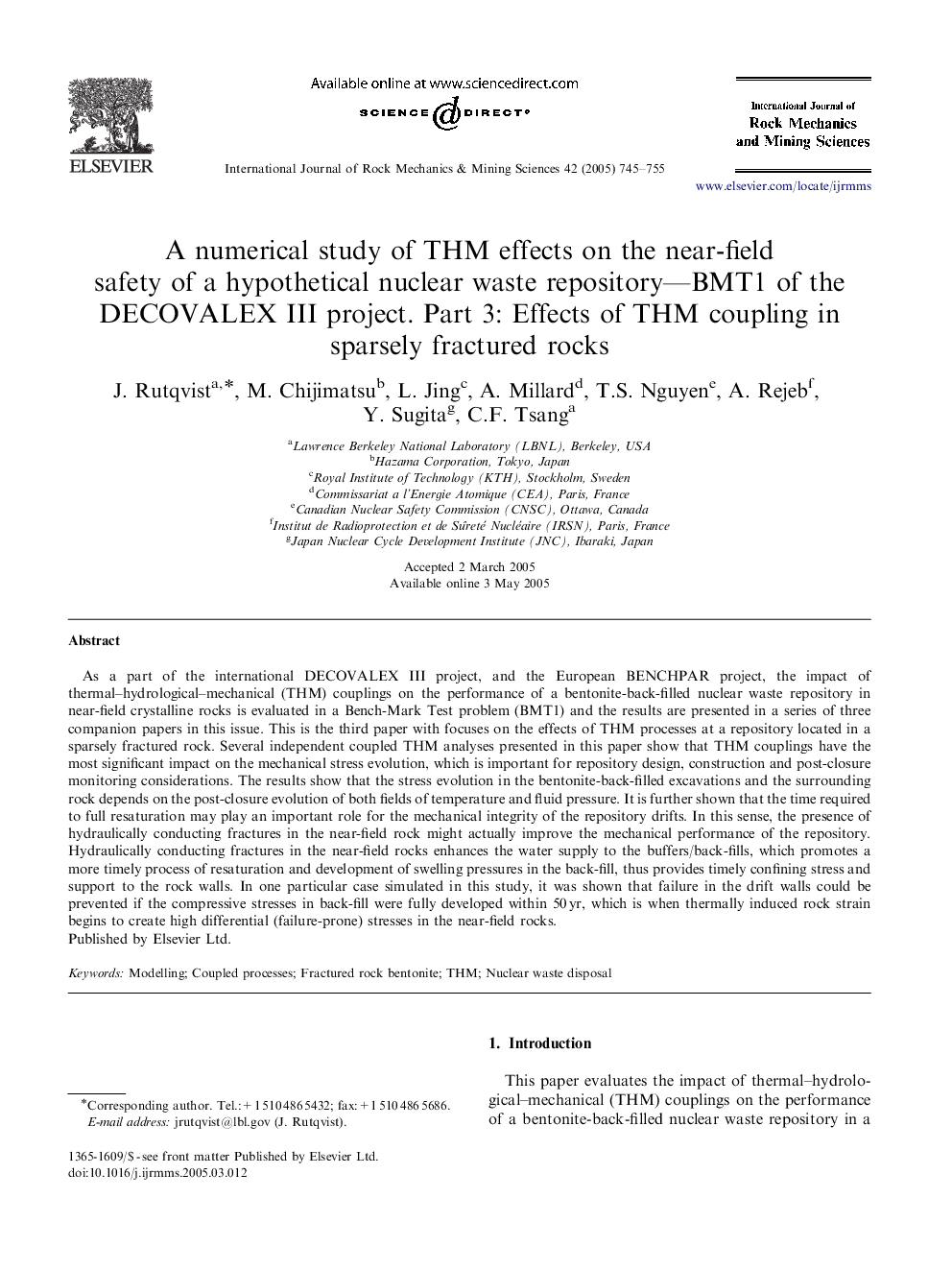 A numerical study of THM effects on the near-field safety of a hypothetical nuclear waste repository-BMT1 of the DECOVALEX III project. Part 3: Effects of THM coupling in sparsely fractured rocks