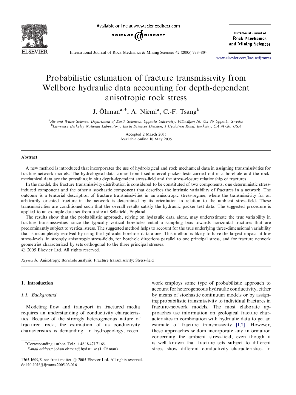 Probabilistic estimation of fracture transmissivity from Wellbore hydraulic data accounting for depth-dependent anisotropic rock stress