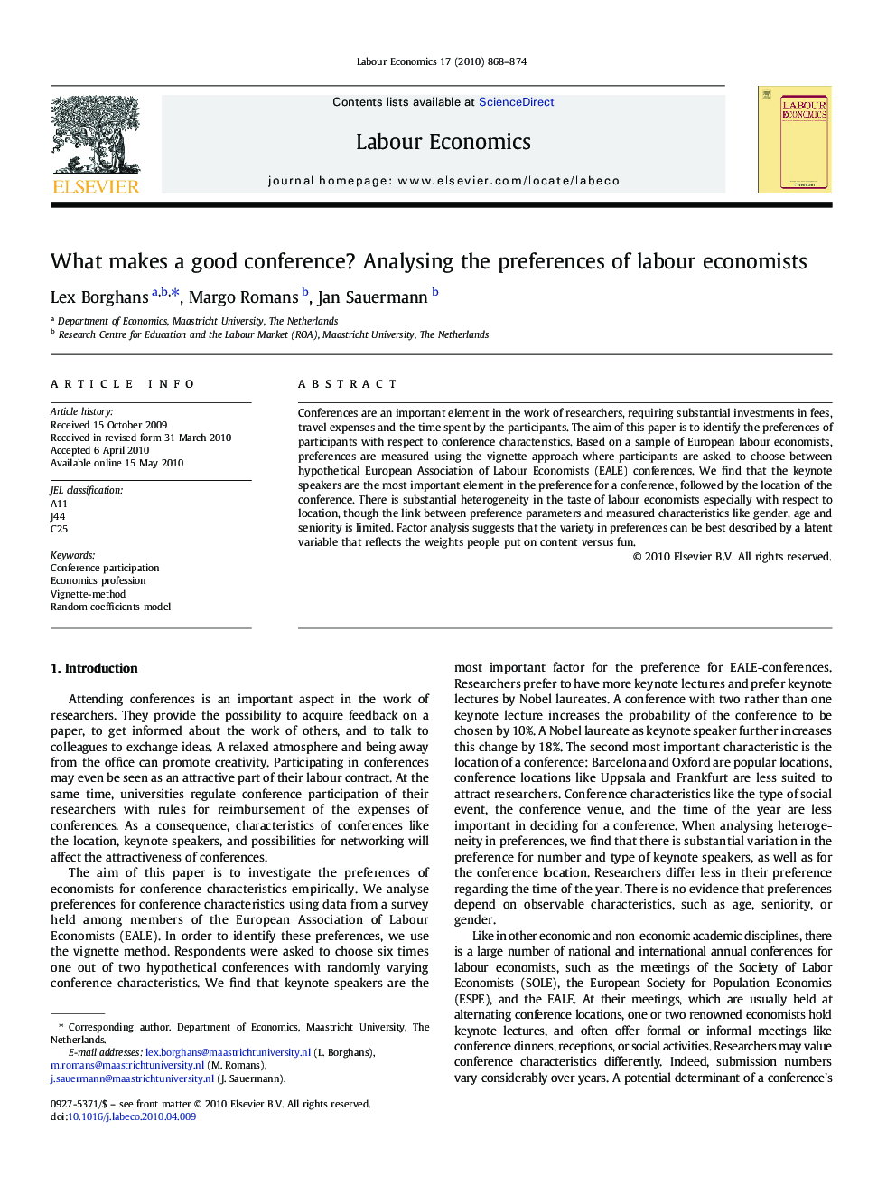 What makes a good conference? Analysing the preferences of labour economists