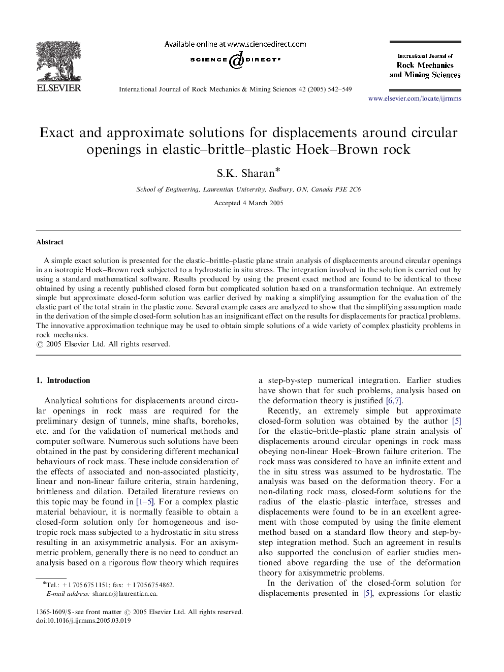 Exact and approximate solutions for displacements around circular openings in elastic-brittle-plastic Hoek-Brown rock