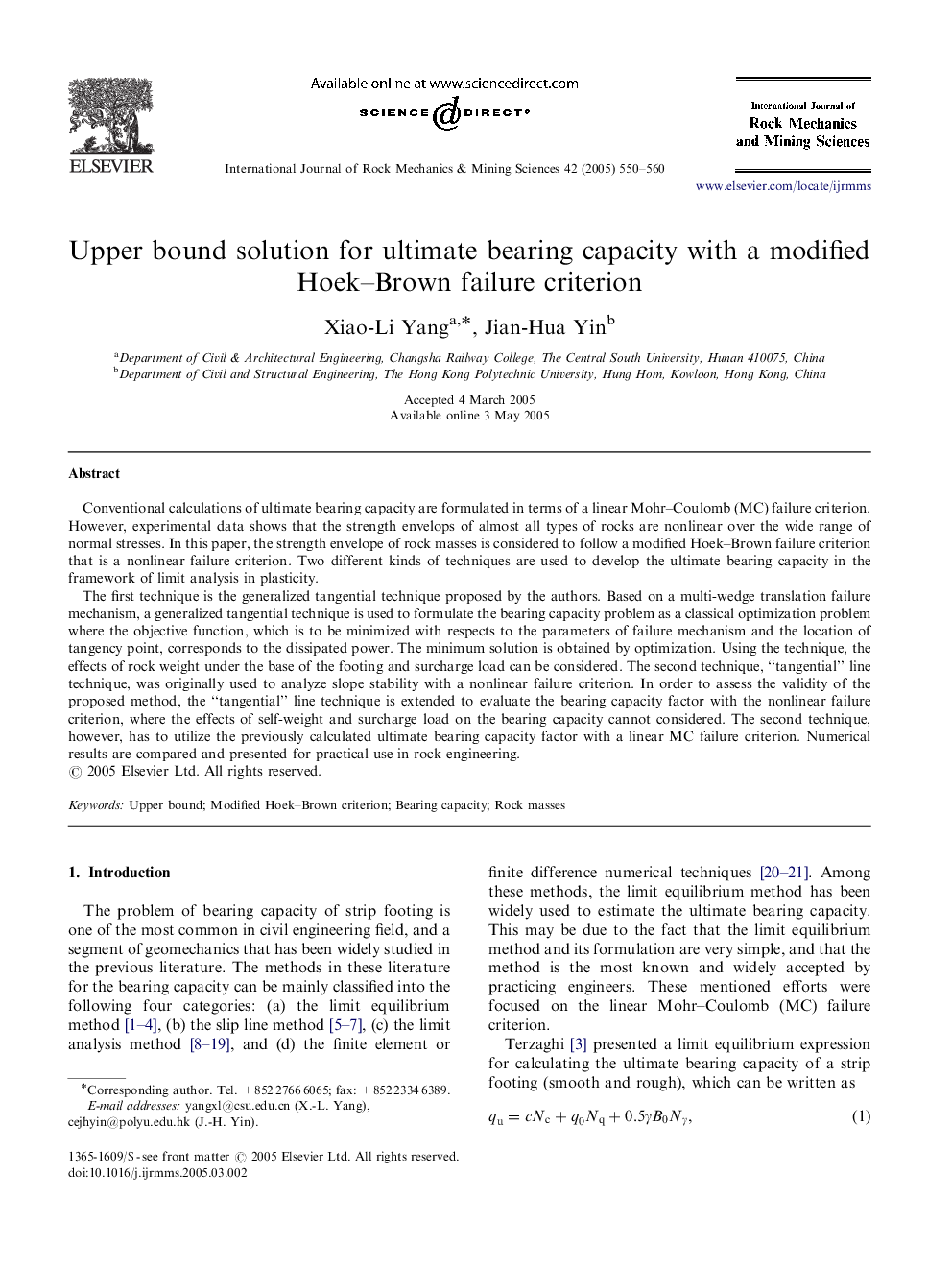 Upper bound solution for ultimate bearing capacity with a modified Hoek-Brown failure criterion