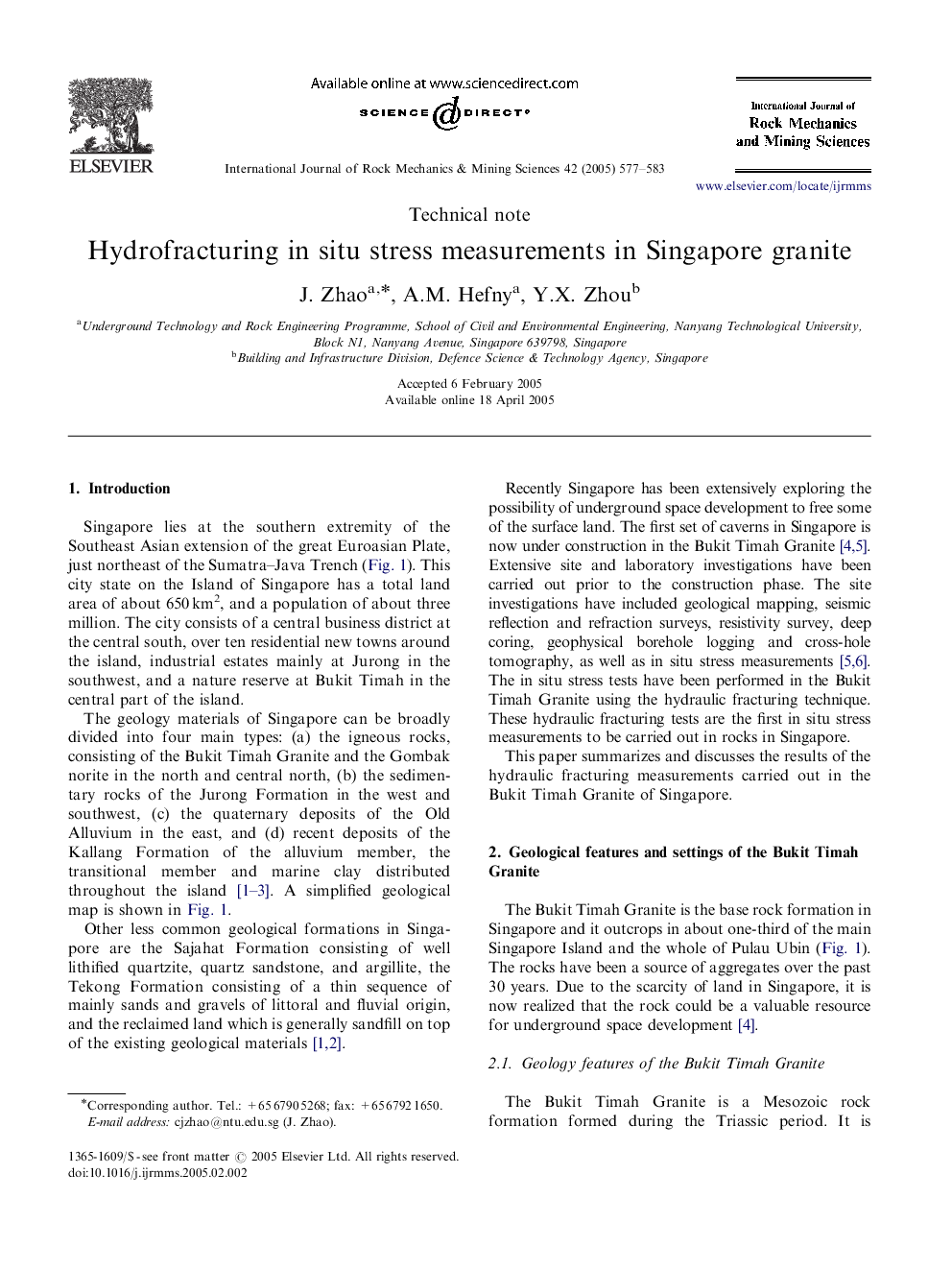 Hydrofracturing in situ stress measurements in Singapore granite