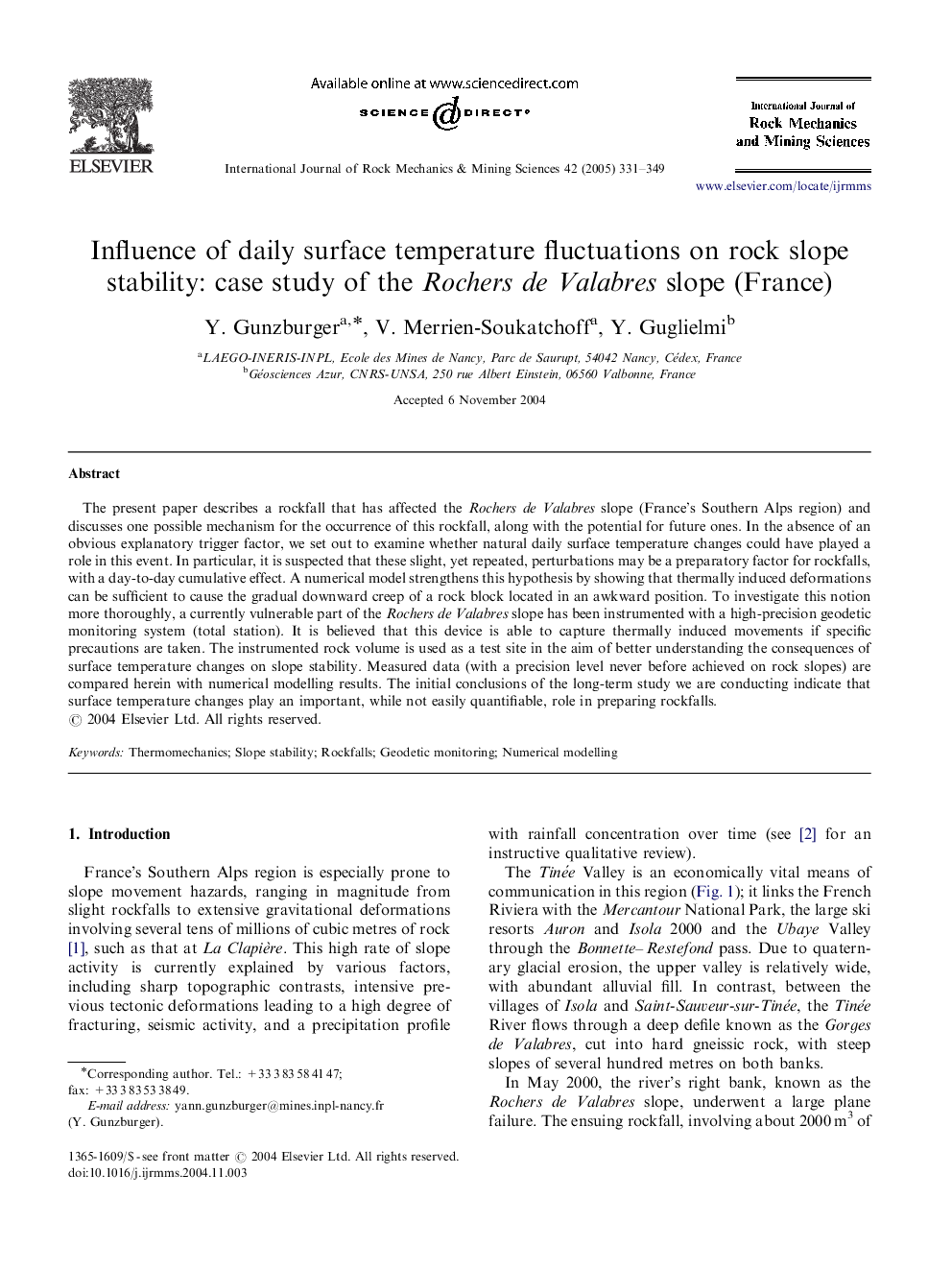 Influence of daily surface temperature fluctuations on rock slope stability: case study of the Rochers de Valabres slope (France)