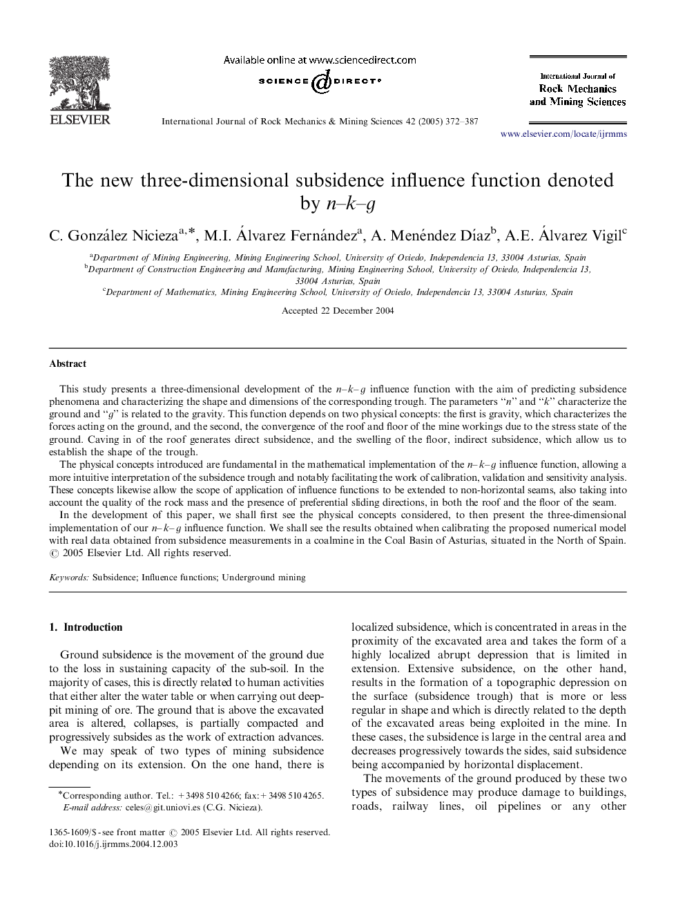 The new three-dimensional subsidence influence function denoted by n-k-g