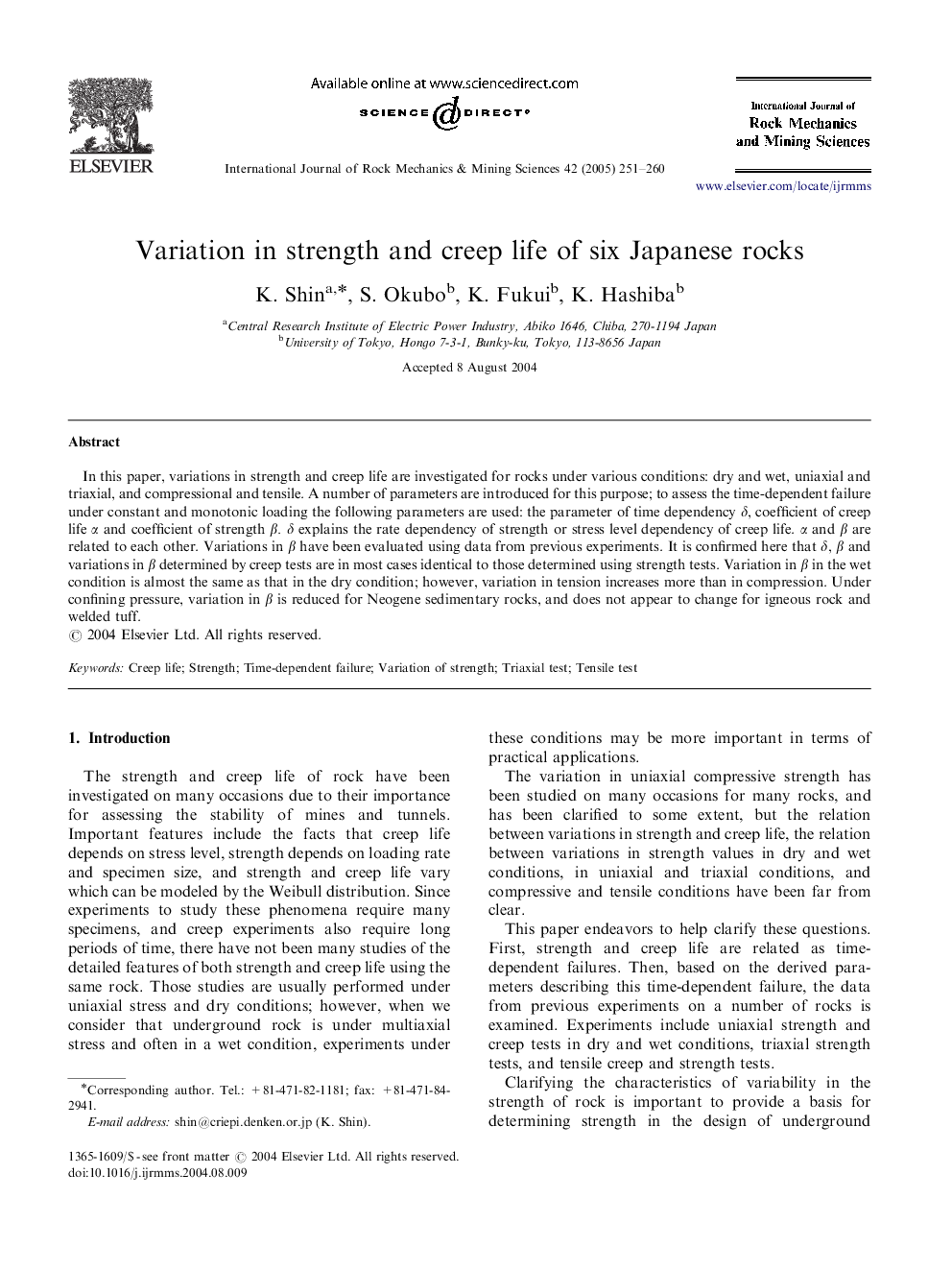 Variation in strength and creep life of six Japanese rocks