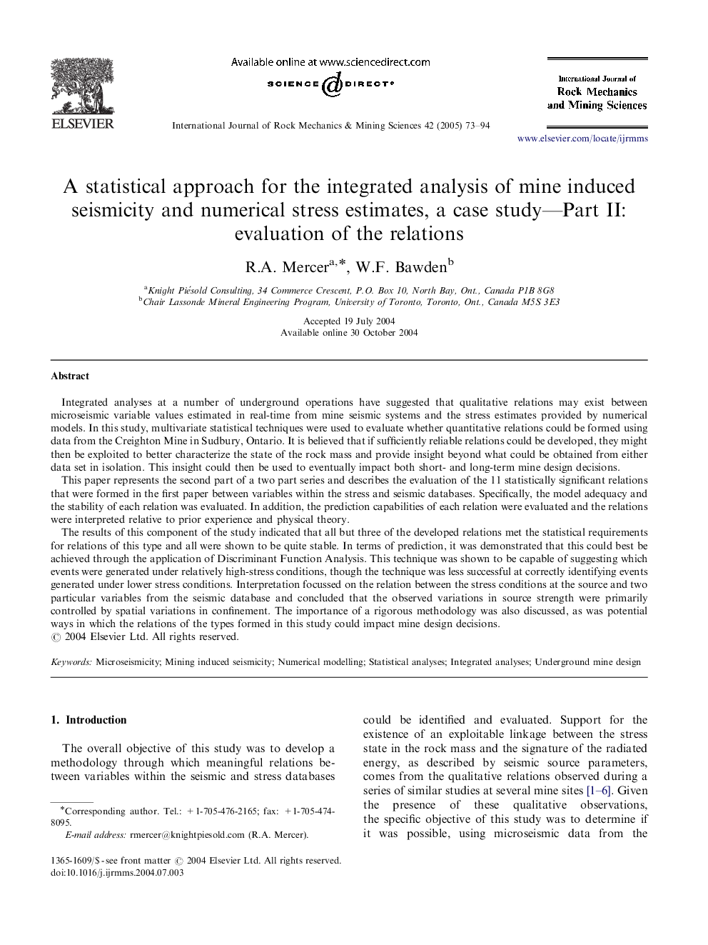 A statistical approach for the integrated analysis of mine induced seismicity and numerical stress estimates, a case study-Part II: evaluation of the relations