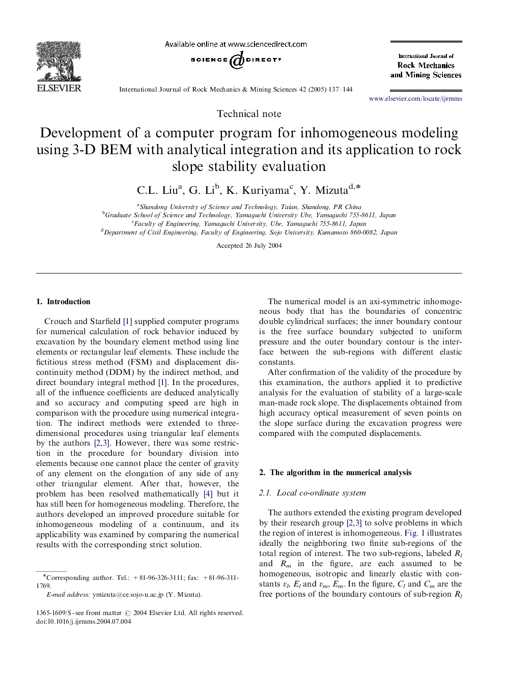 Development of a computer program for inhomogeneous modeling using 3-D BEM with analytical integration and its application to rock slope stability evaluation