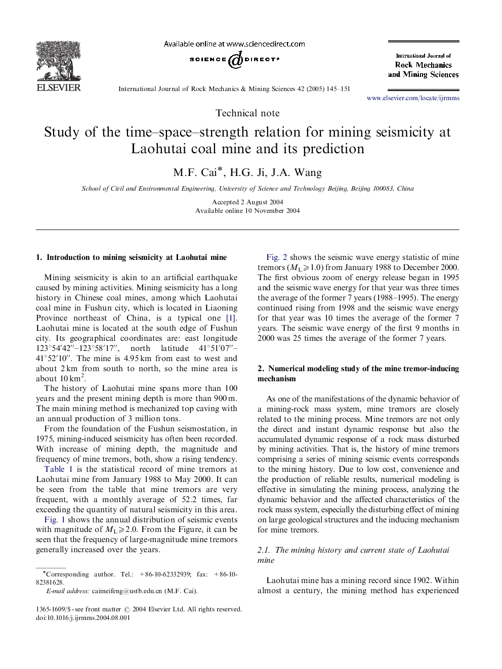 Study of the time-space-strength relation for mining seismicity at Laohutai coal mine and its prediction