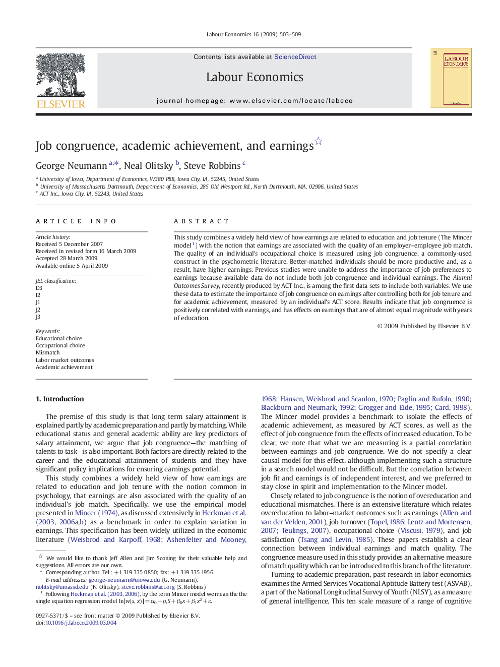 Job congruence, academic achievement, and earnings 