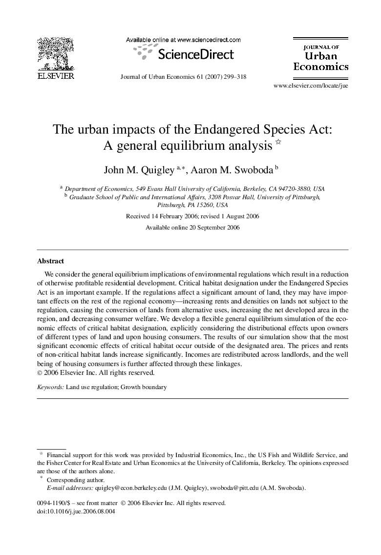 The urban impacts of the Endangered Species Act: A general equilibrium analysis 