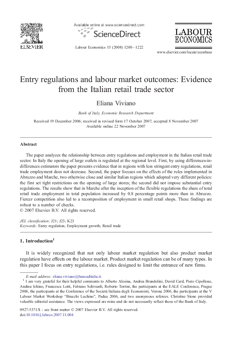 Entry regulations and labour market outcomes: Evidence from the Italian retail trade sector