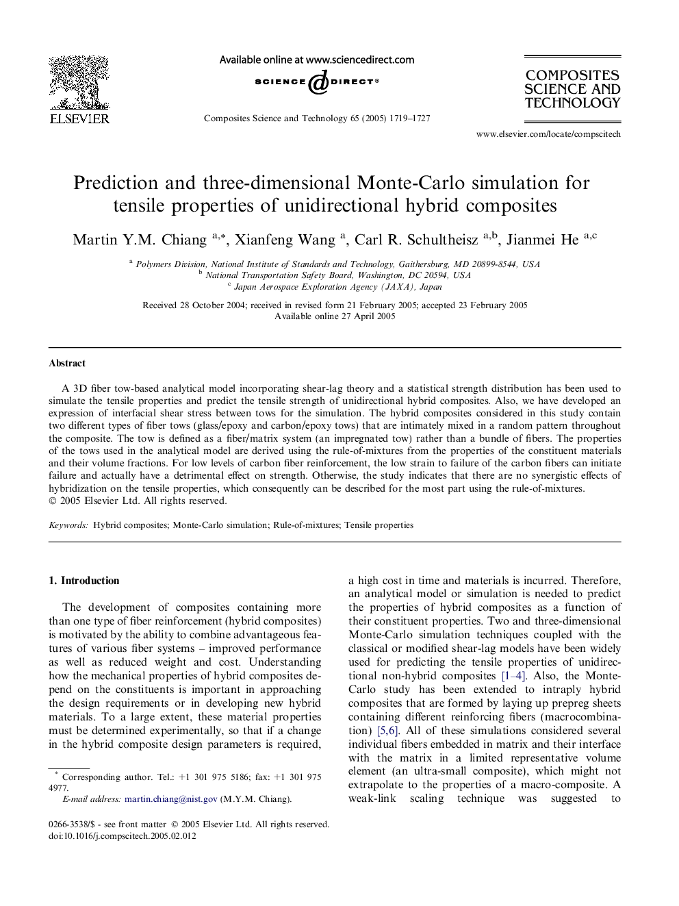 Prediction and three-dimensional Monte-Carlo simulation for tensile properties of unidirectional hybrid composites