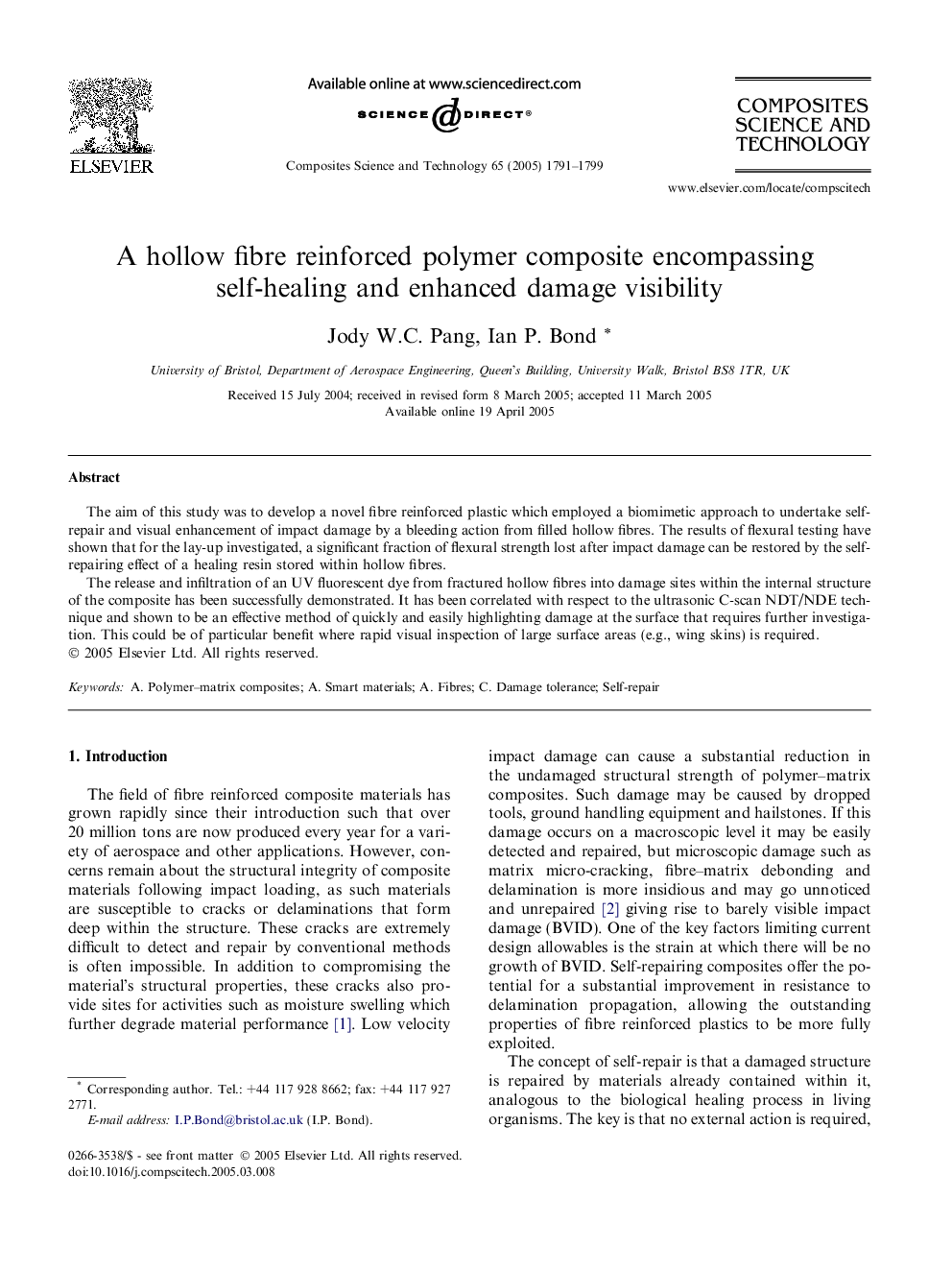 A hollow fibre reinforced polymer composite encompassing self-healing and enhanced damage visibility