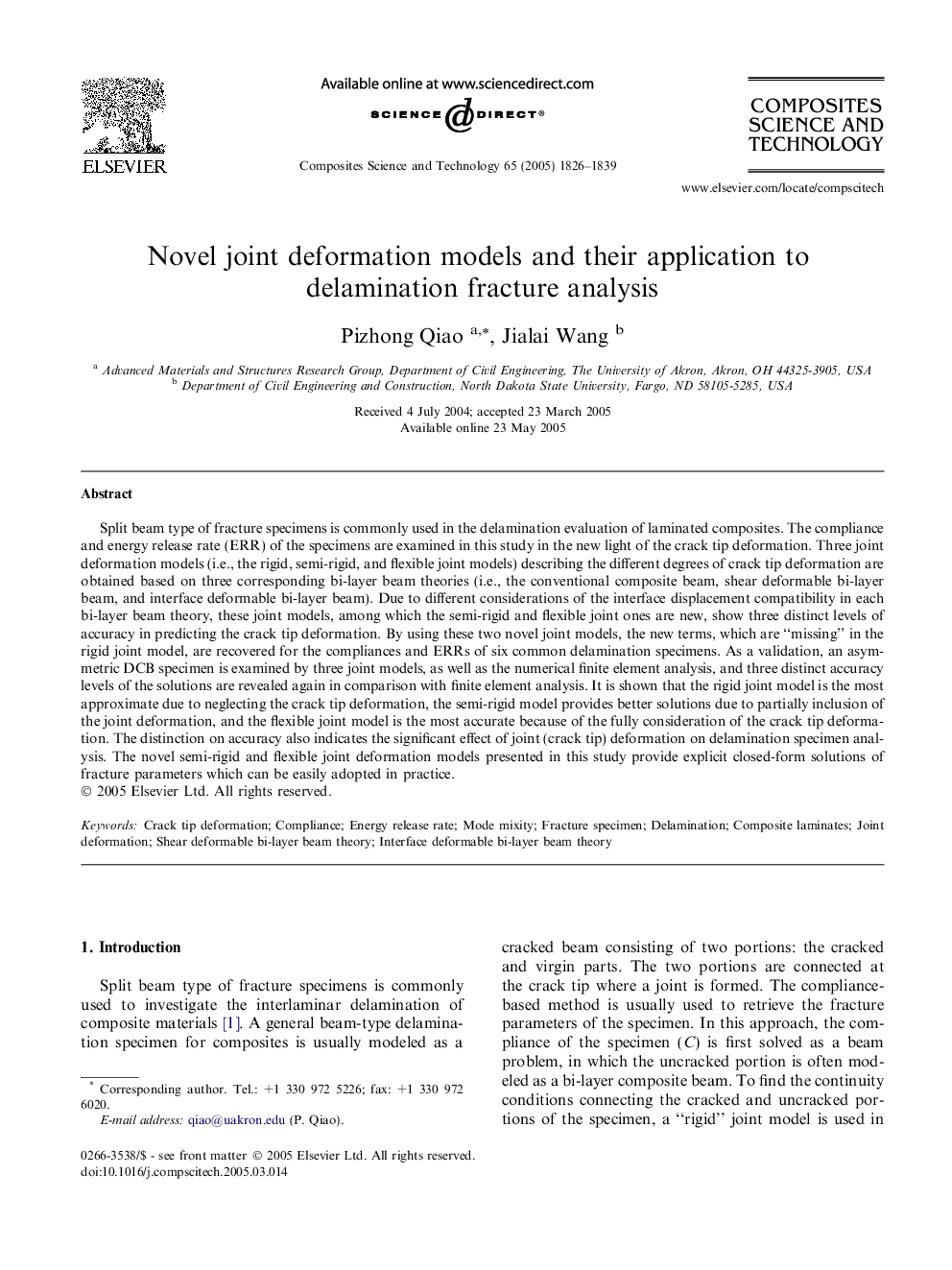 Novel joint deformation models and their application to delamination fracture analysis