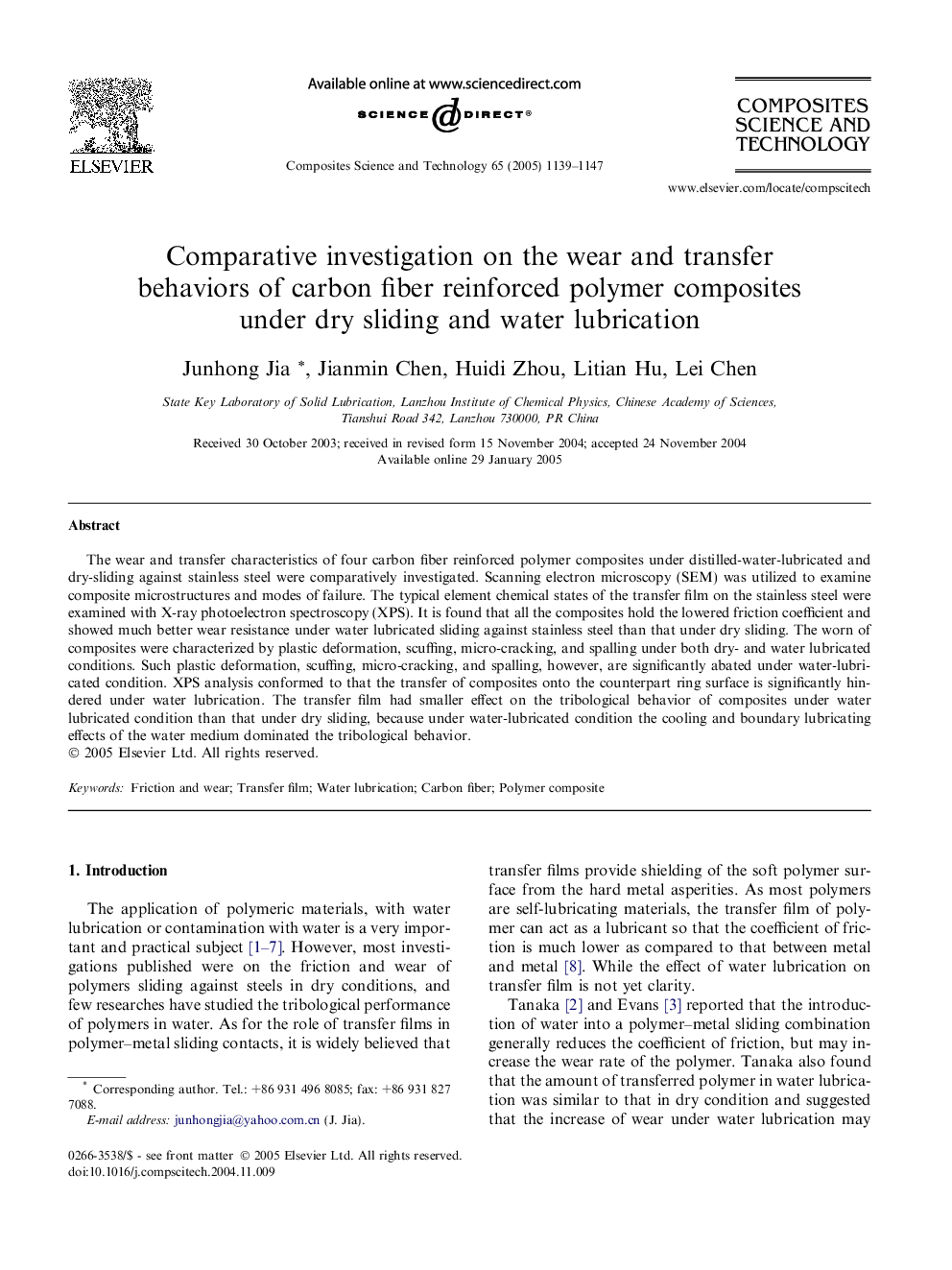 Comparative investigation on the wear and transfer behaviors of carbon fiber reinforced polymer composites under dry sliding and water lubrication