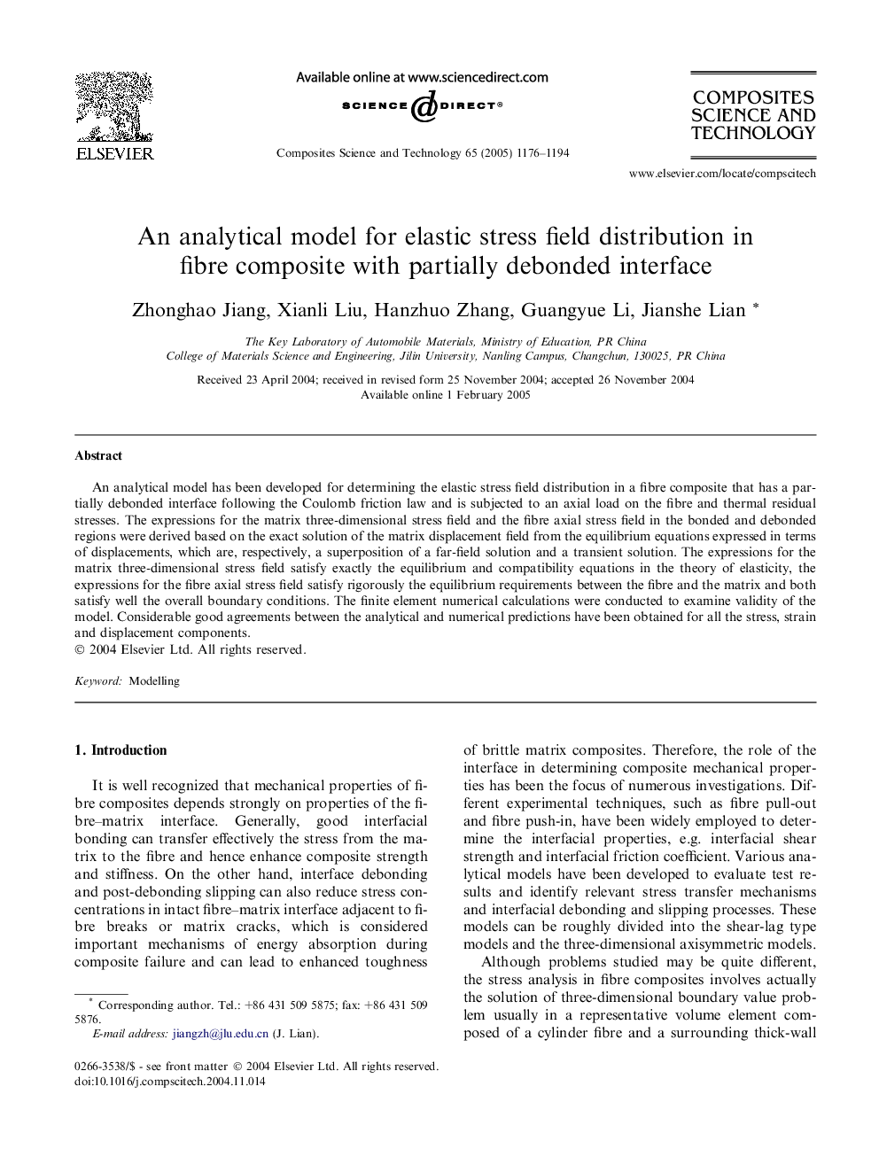 An analytical model for elastic stress field distribution in fibre composite with partially debonded interface