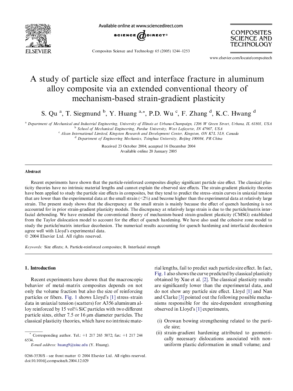 A study of particle size effect and interface fracture in aluminum alloy composite via an extended conventional theory of mechanism-based strain-gradient plasticity