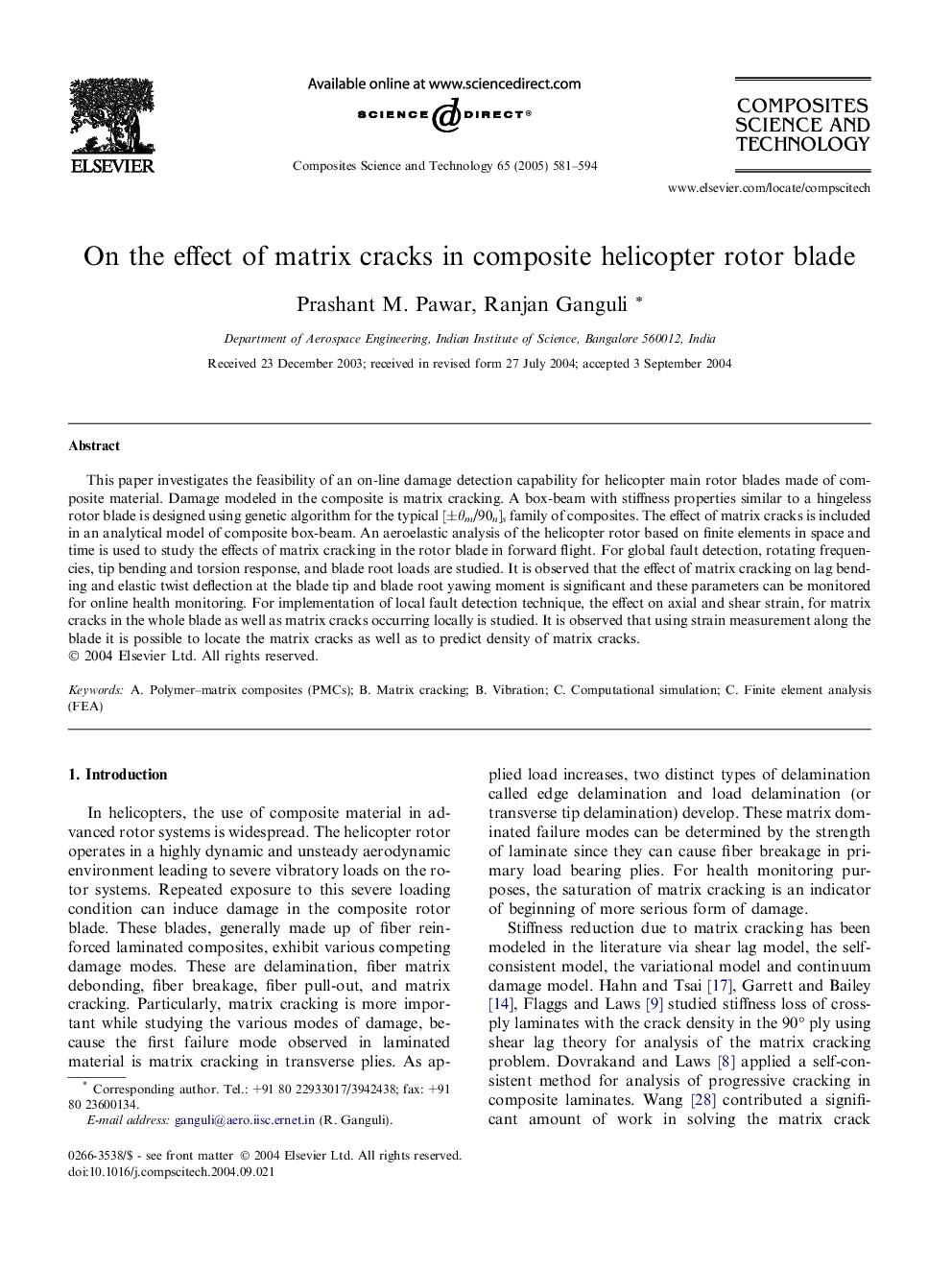 On the effect of matrix cracks in composite helicopter rotor blade