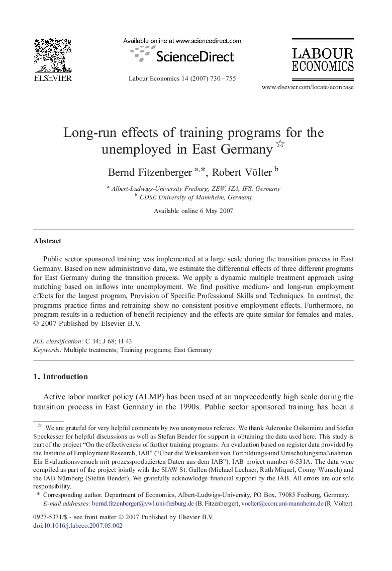 Long-run effects of training programs for the unemployed in East Germany 