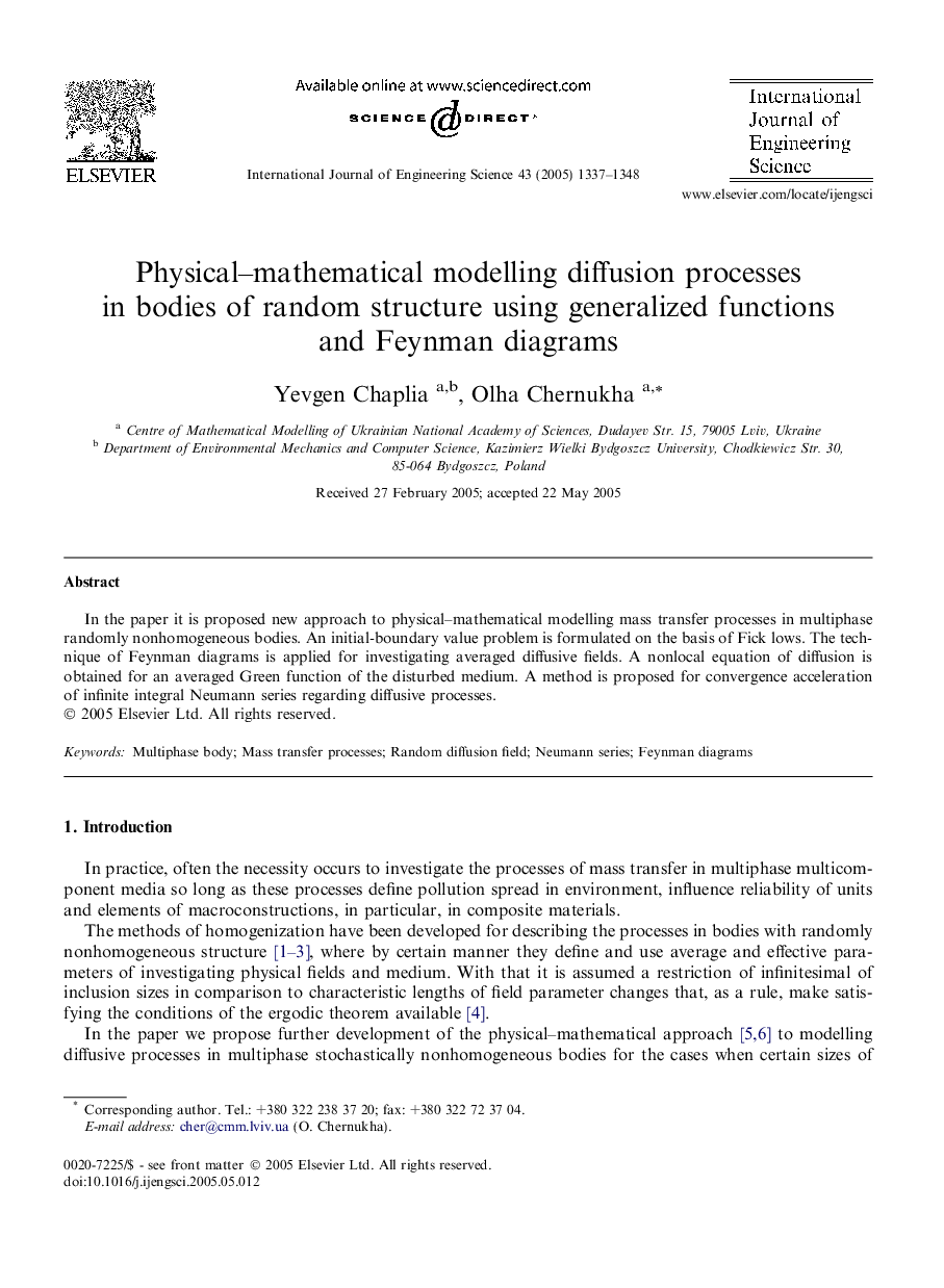 Physical-mathematical modelling diffusion processes in bodies of random structure using generalized functions and Feynman diagrams