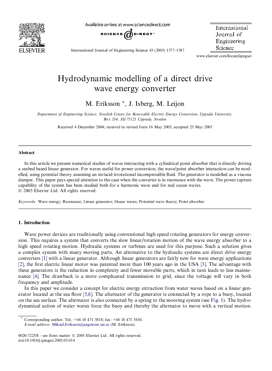 Hydrodynamic modelling of a direct drive wave energy converter