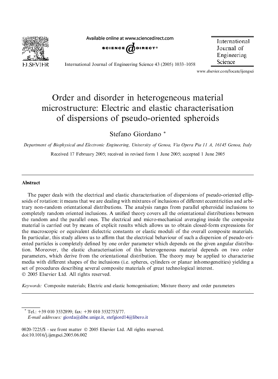 Order and disorder in heterogeneous material microstructure: Electric and elastic characterisation of dispersions of pseudo-oriented spheroids