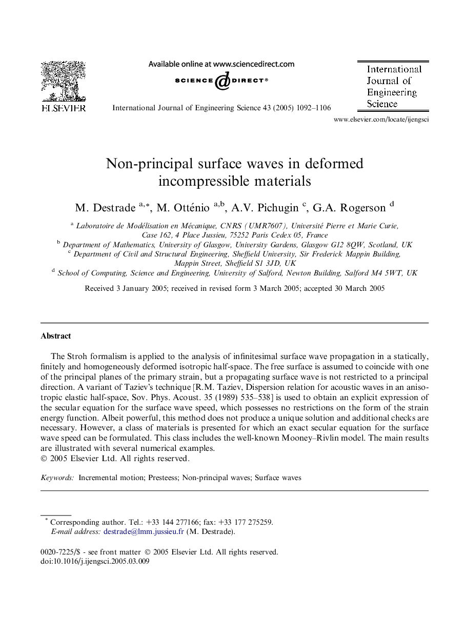 Non-principal surface waves in deformed incompressible materials