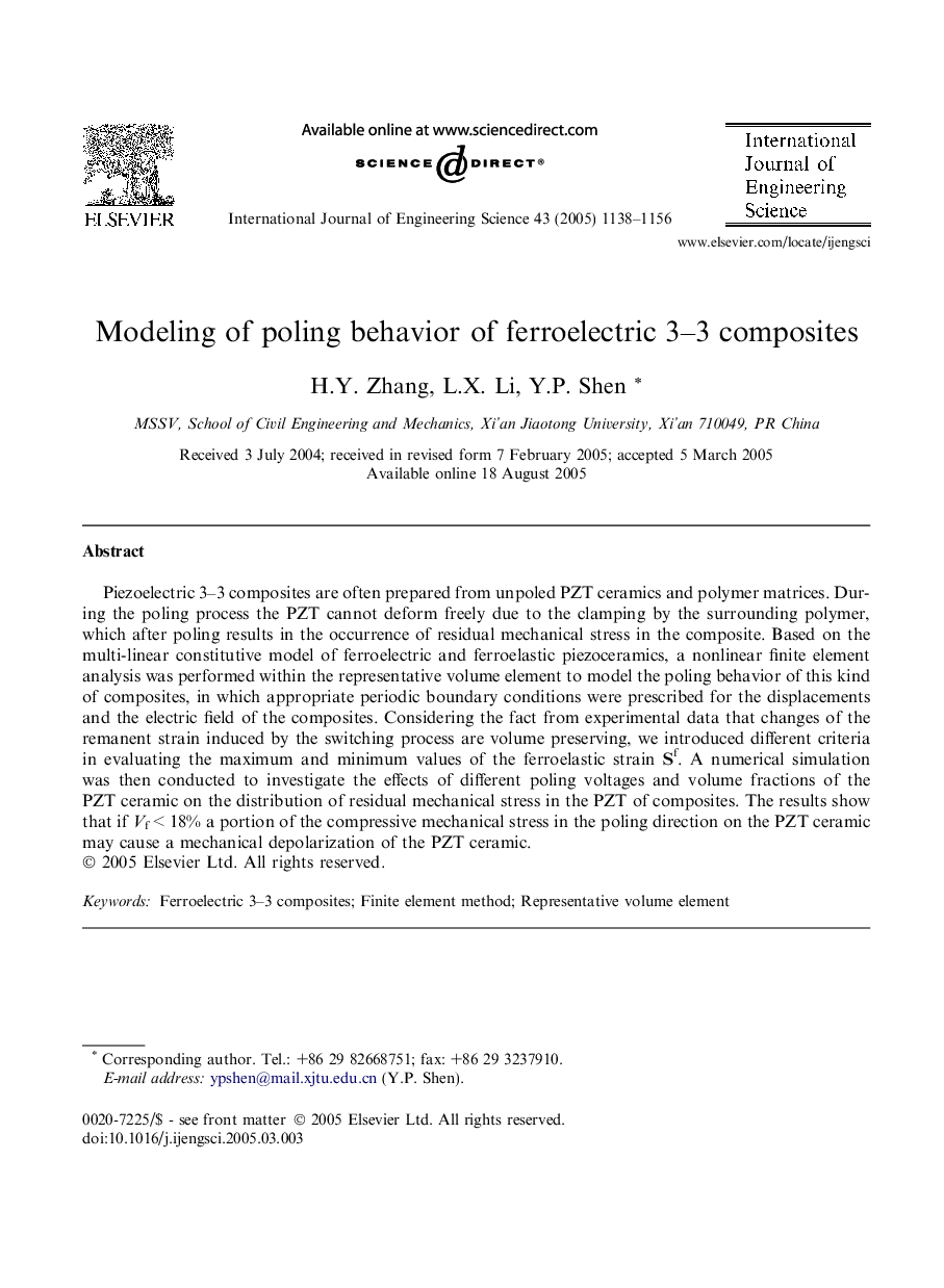 Modeling of poling behavior of ferroelectric 3-3 composites