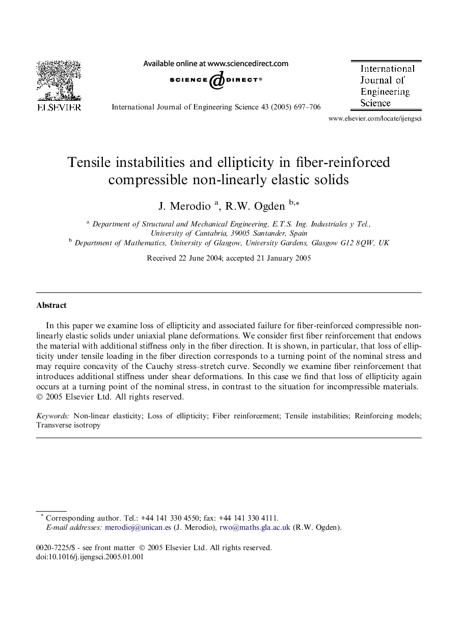 Tensile instabilities and ellipticity in fiber-reinforced compressible non-linearly elastic solids