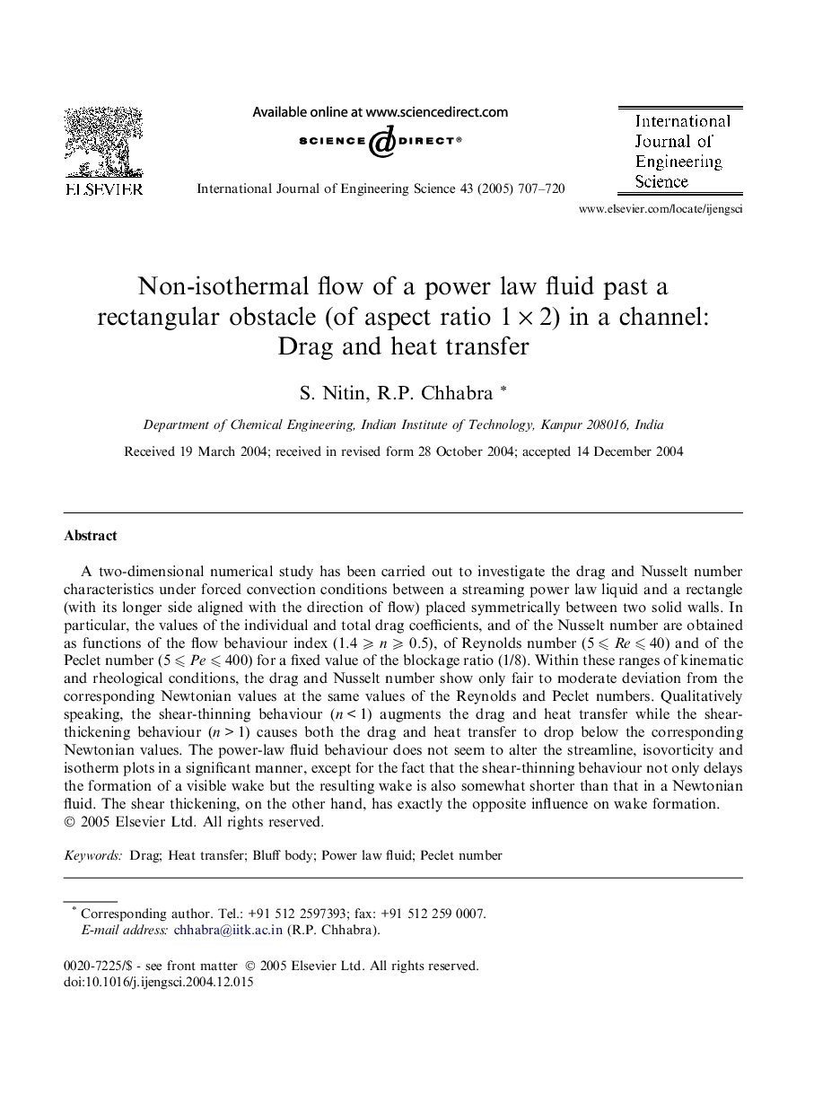 Non-isothermal flow of a power law fluid past a rectangular obstacle (of aspect ratio 1Â ÃÂ 2) in a channel: Drag and heat transfer