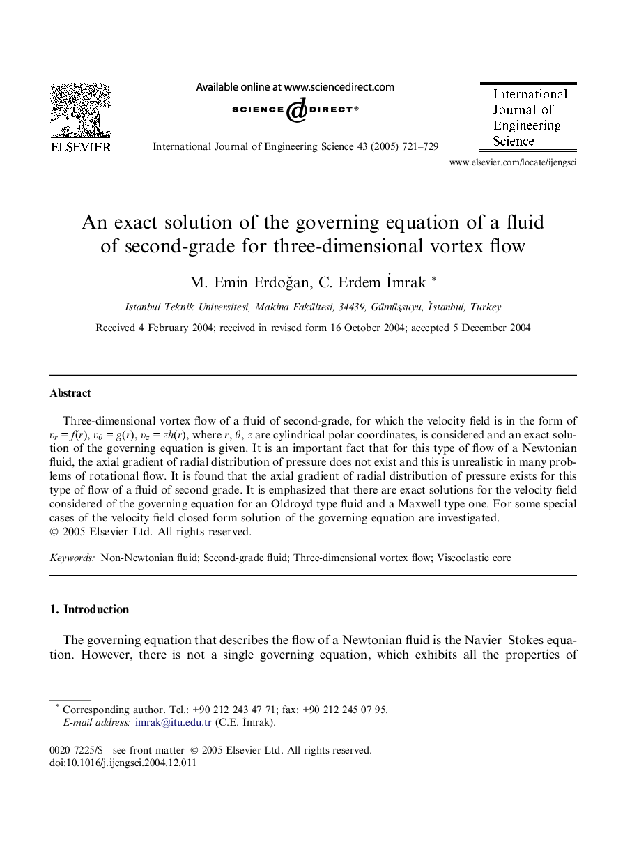 An exact solution of the governing equation of a fluid of second-grade for three-dimensional vortex flow