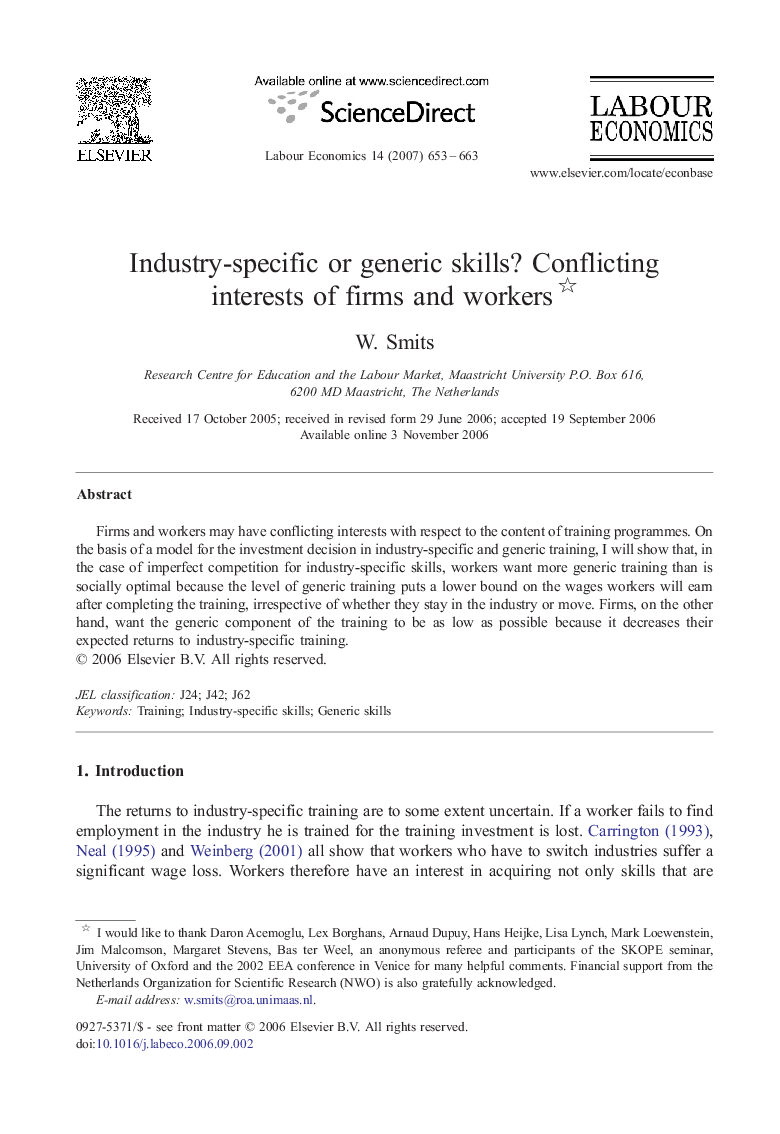 Industry-specific or generic skills? Conflicting interests of firms and workers 