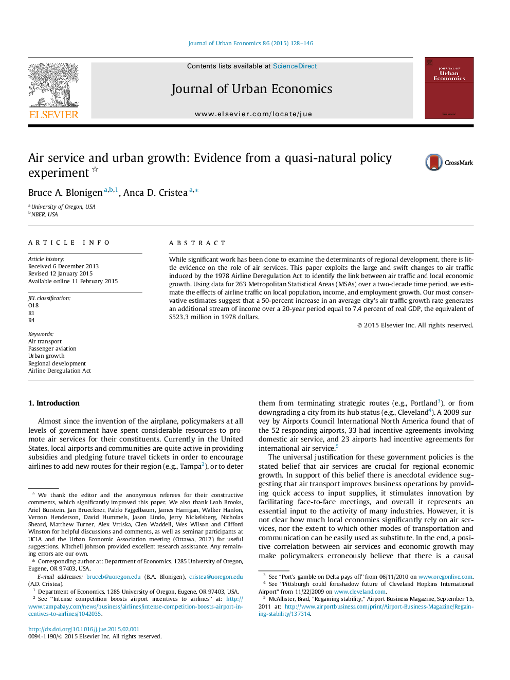 Air service and urban growth: Evidence from a quasi-natural policy experiment 