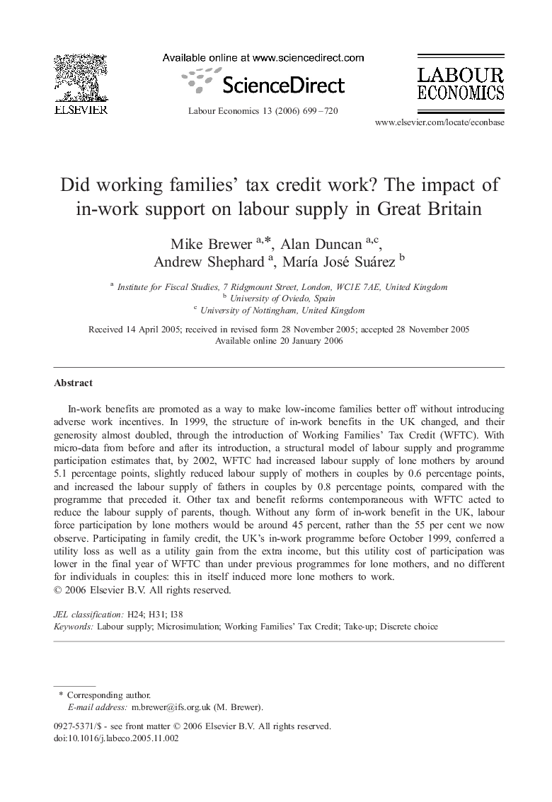 Did working families' tax credit work? The impact of in-work support on labour supply in Great Britain