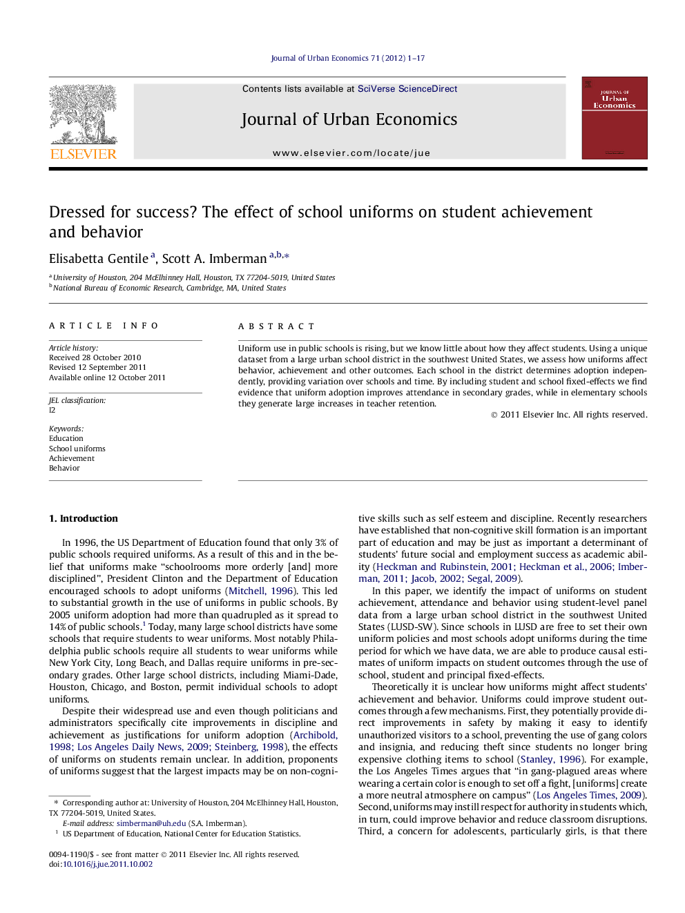 Dressed for success? The effect of school uniforms on student achievement and behavior