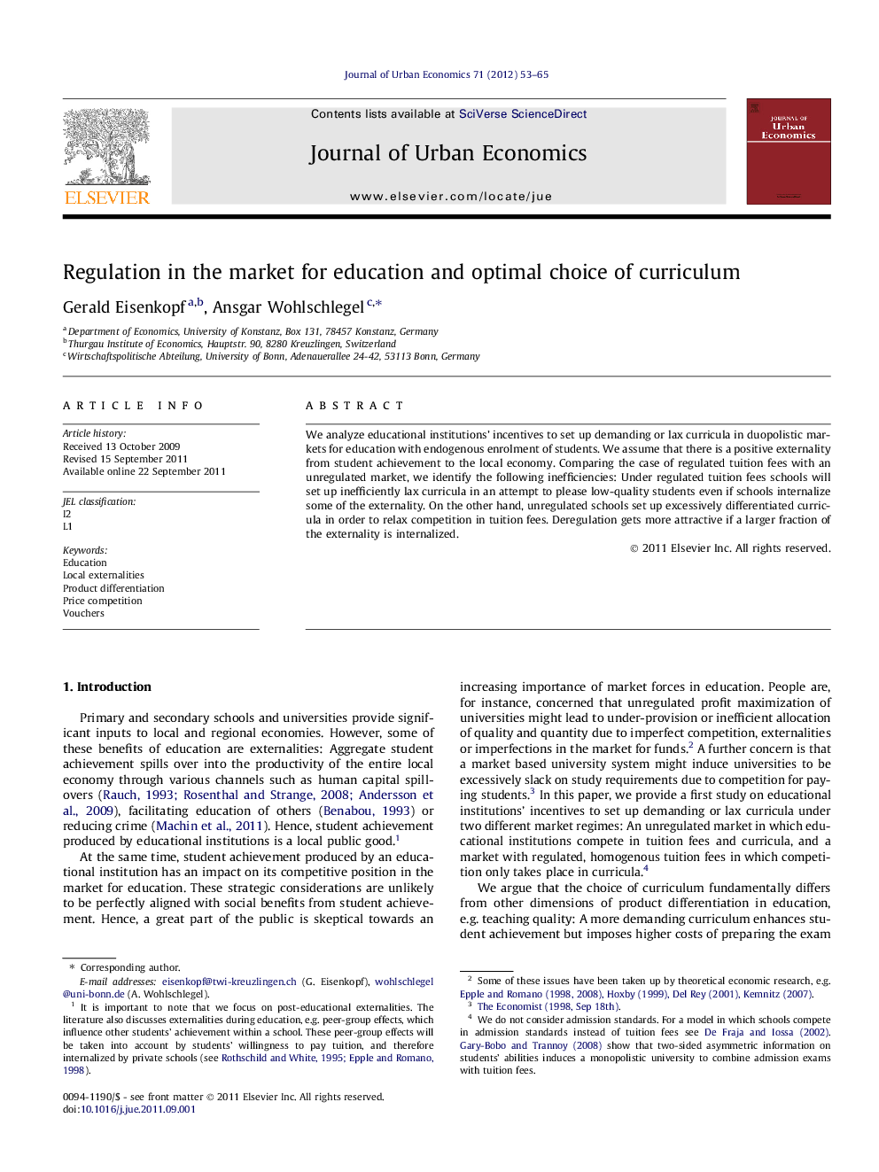 Regulation in the market for education and optimal choice of curriculum