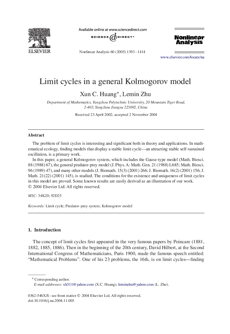 Limit cycles in a general Kolmogorov model