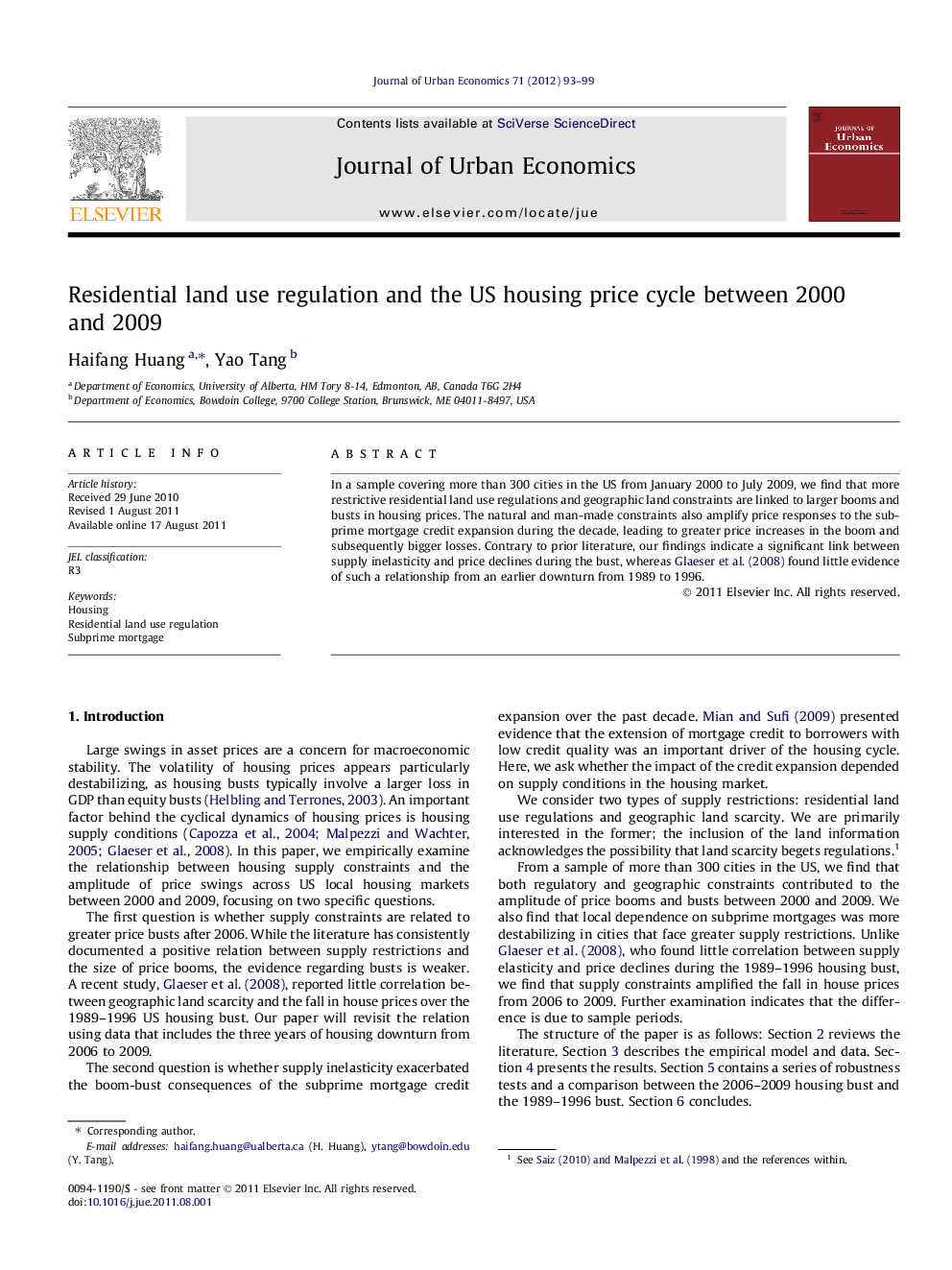 Residential land use regulation and the US housing price cycle between 2000 and 2009