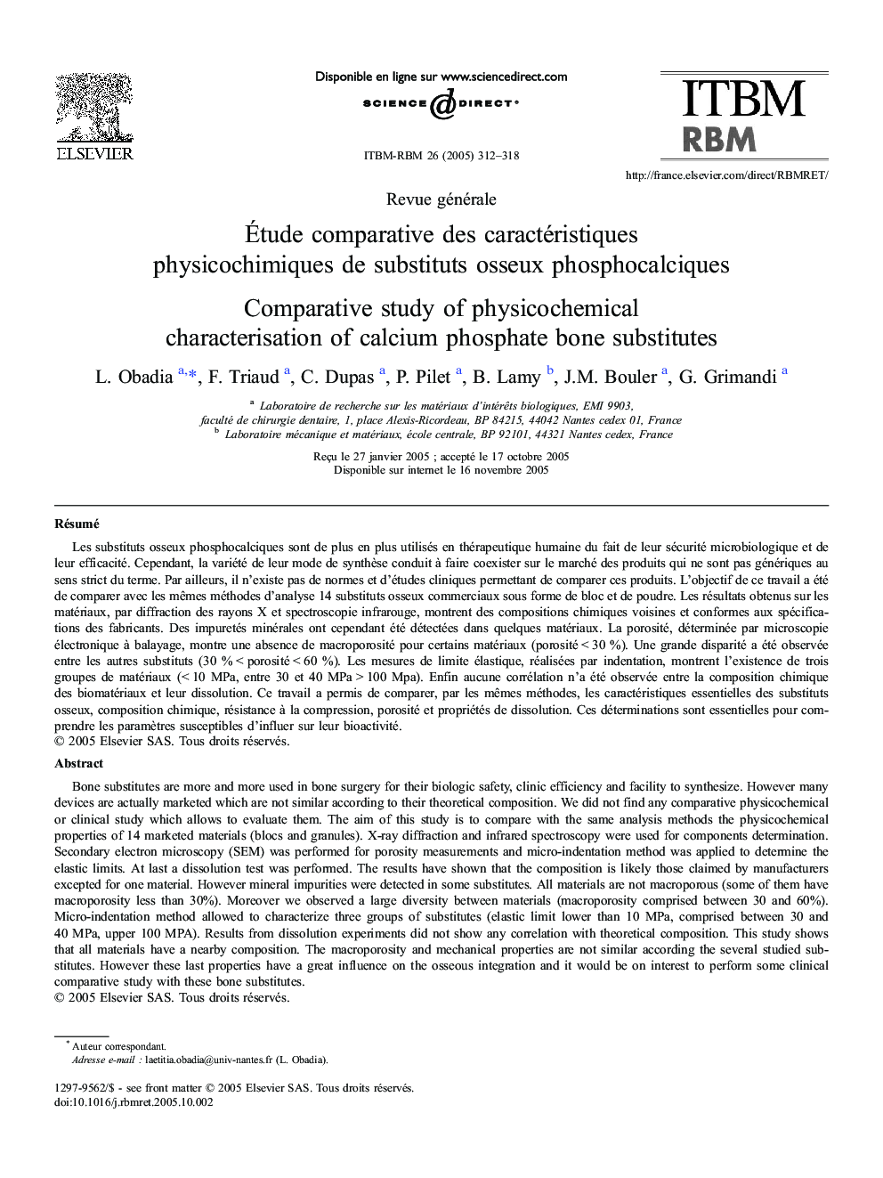 Ãtude comparative desÂ caractéristiques physicochimiques deÂ substituts osseux phosphocalciques