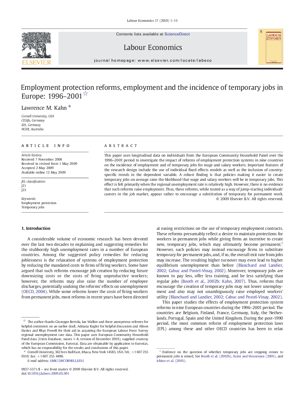 Employment protection reforms, employment and the incidence of temporary jobs in Europe: 1996–2001 