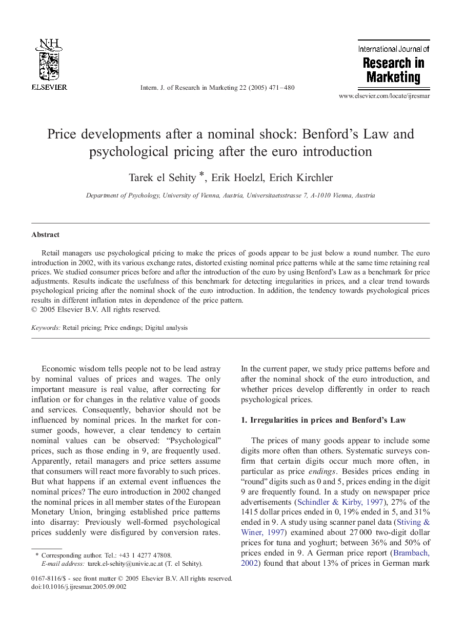 Price developments after a nominal shock: Benford's Law and psychological pricing after the euro introduction