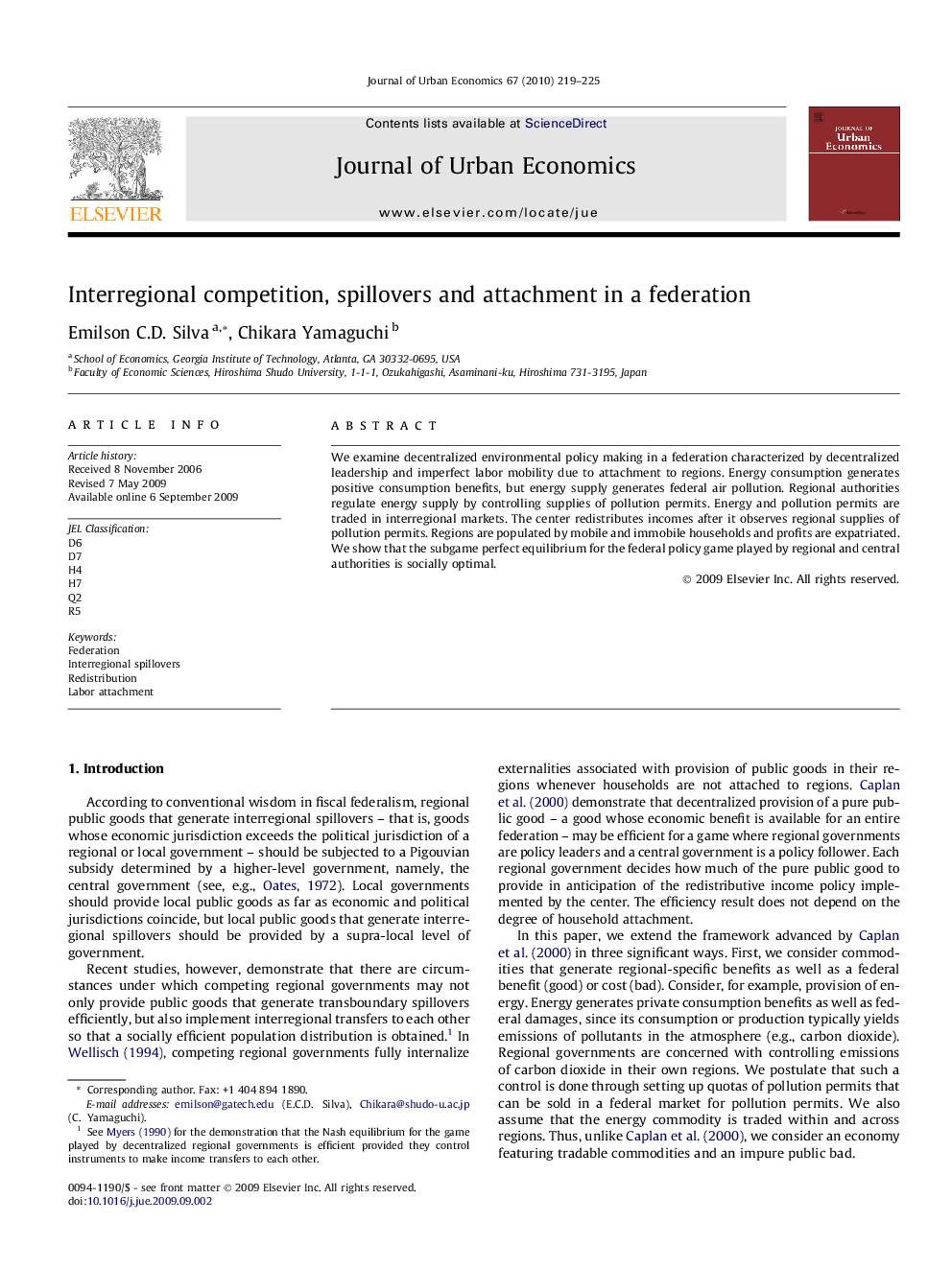 Interregional competition, spillovers and attachment in a federation