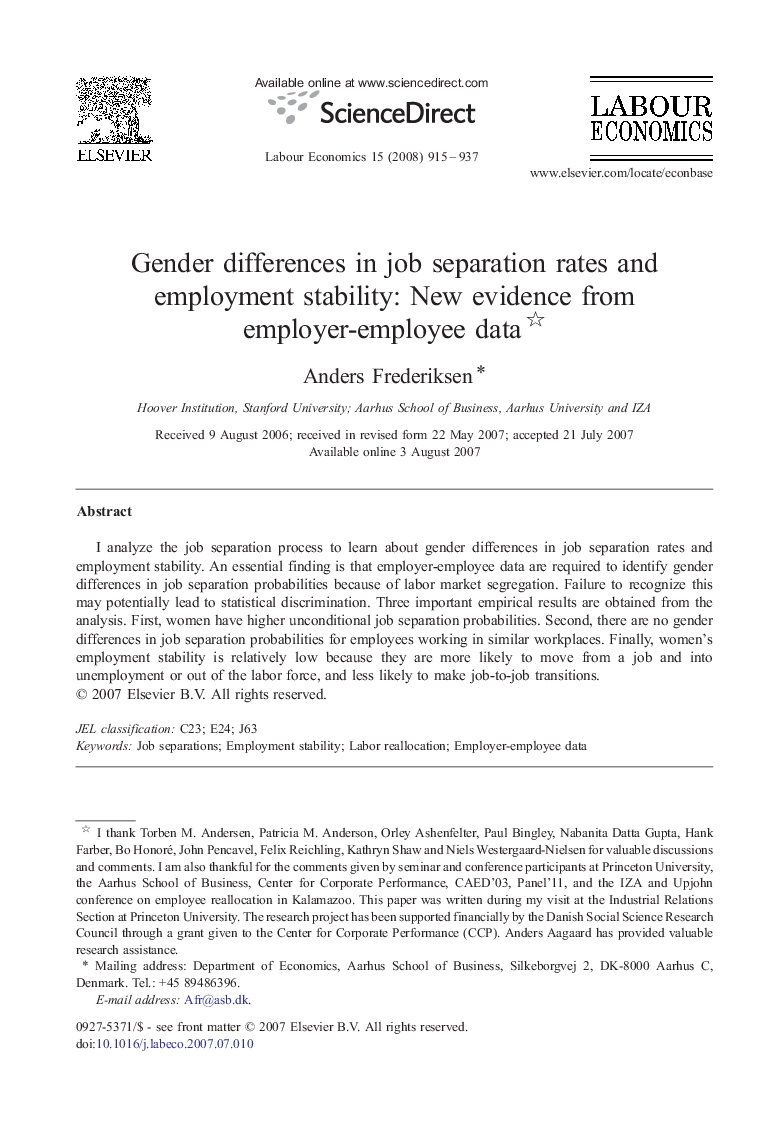 Gender differences in job separation rates and employment stability: New evidence from employer-employee data 