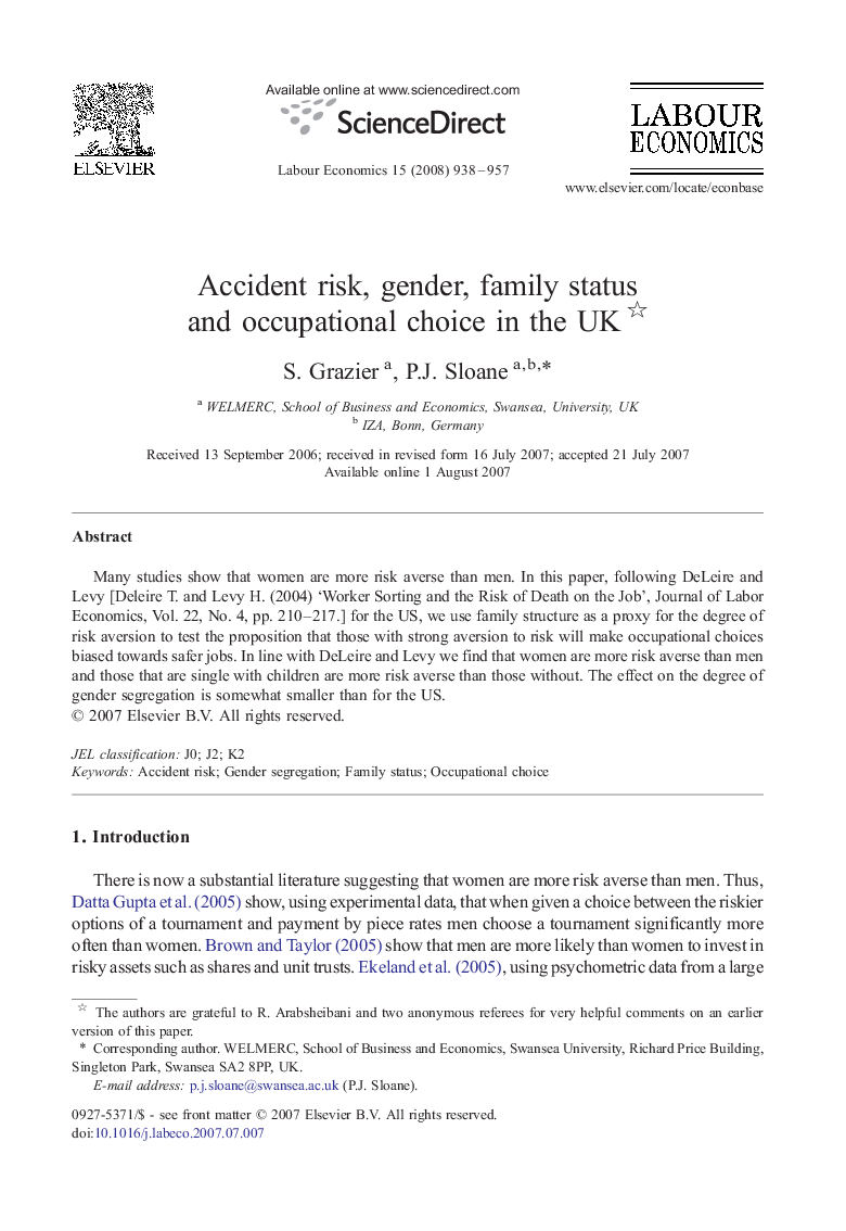 Accident risk, gender, family status and occupational choice in the UK 